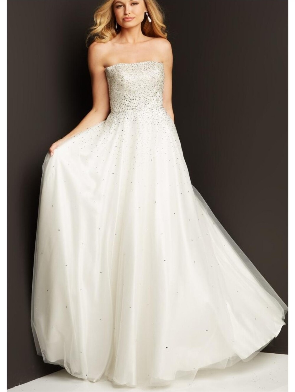 JVN NWT Jovani Off White Embellished Chiffon Lace Back Maxi Dress Size 4 #6756